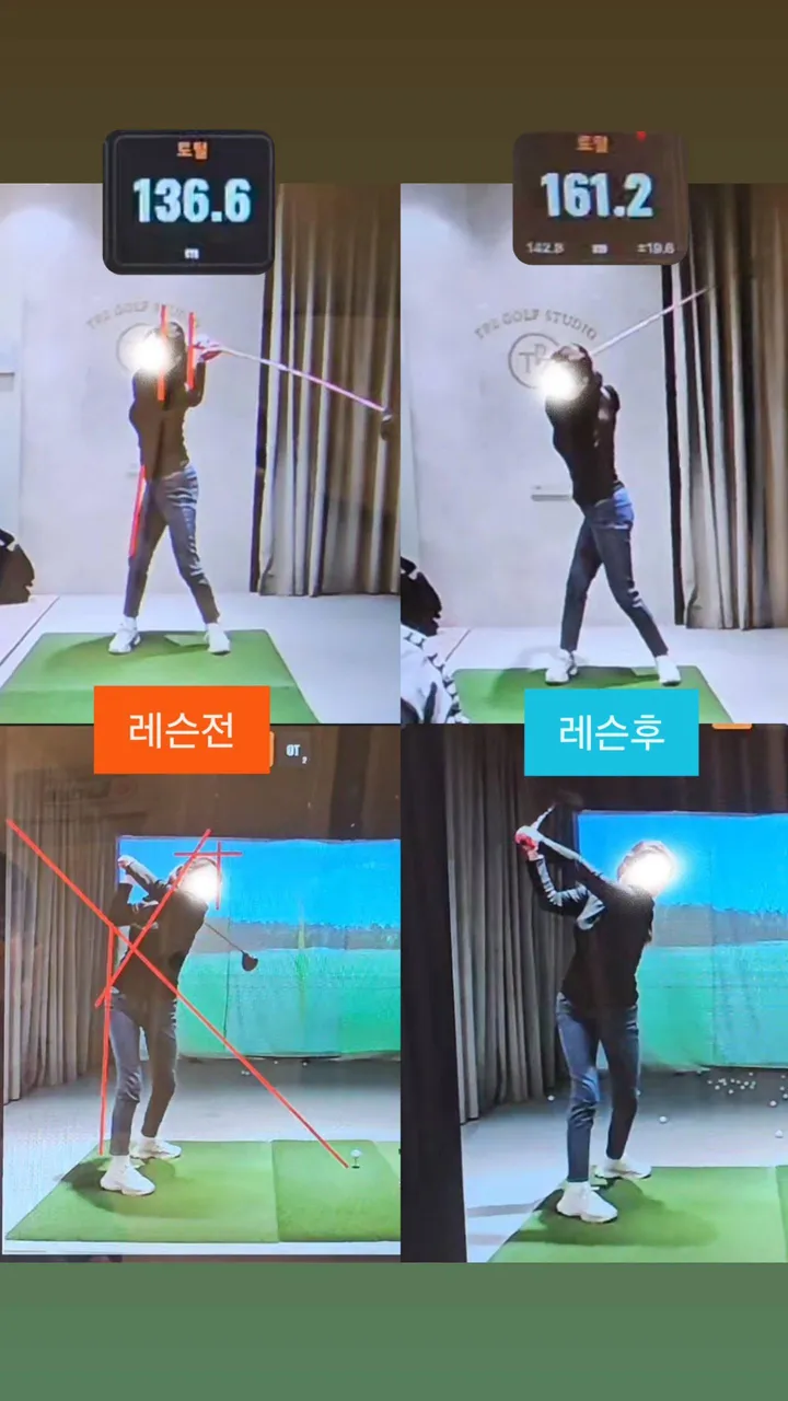 레슨 전후 비거리 기록 비교 — 토탈 136.6에서 161.2로